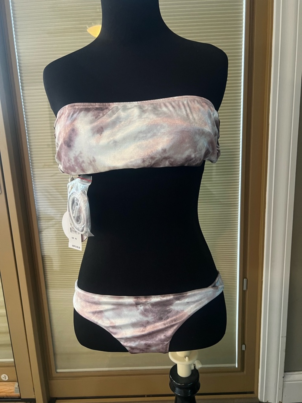 Pilyq Pink and White Tie-Dye Bandeau Bikini Set